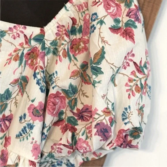 & merci Floral Jumpsuit. Floral | Puff Sleeve Smocked Tie Back. Women's Sz-L EUC - Picture 9 of 13